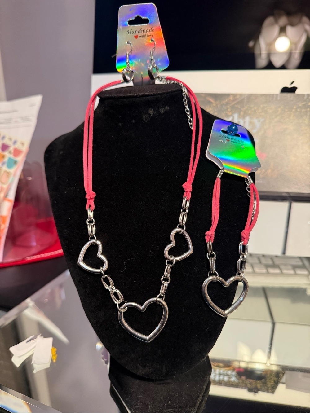 Silver Heart Link Necklace, earring and Bracelet with Pink Cord